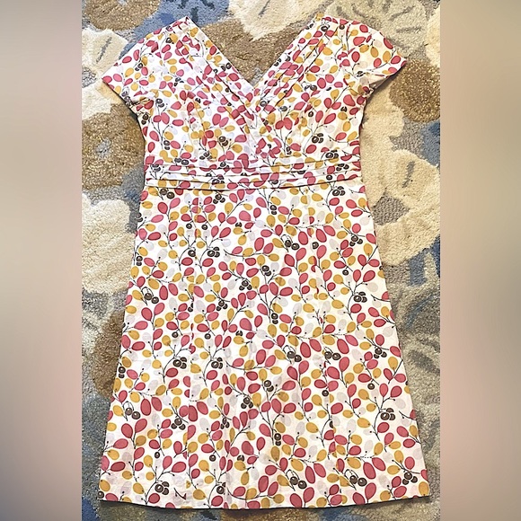 Boden Cotton Capped Sleeve Regatta Spring Pattern Dress w Pleated Detailing - Picture 7 of 9